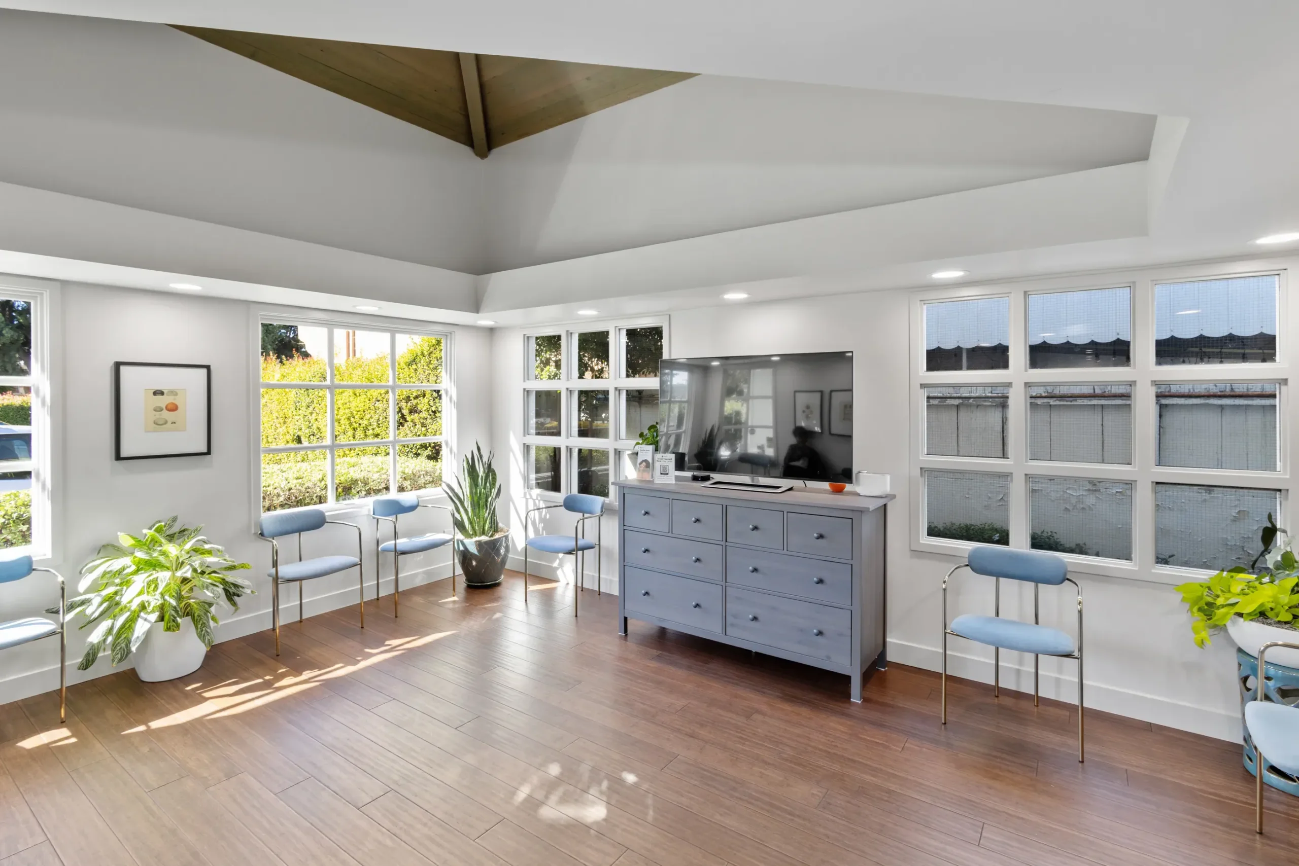 Bright, airy dental office waiting room with blue upholstered chairs, wood-look flooring, large windows, a gray dresser with a mounted TV, and indoor plants. Professional architectural photography with natural light.