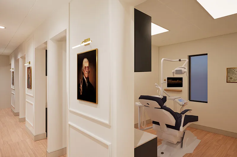 Hallway and treatment room at Founders Endodontics
