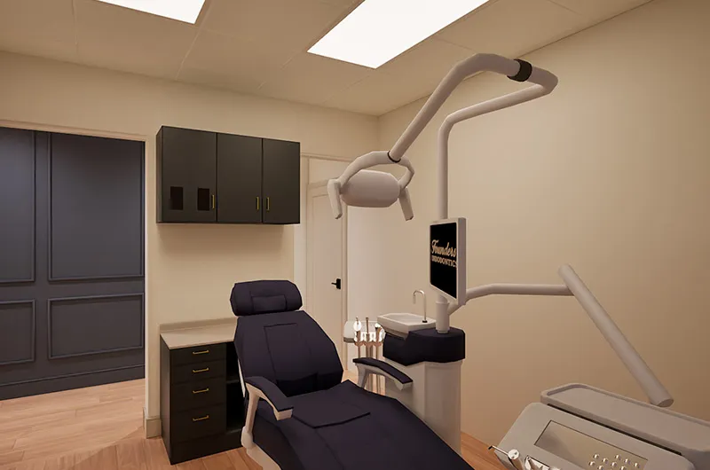 Rendered interior of a dental treatment room featuring a navy blue dental chair, overhead light arm, and a monitor displaying Founders Endodontics branding; warm wood flooring and dark cabinetry.