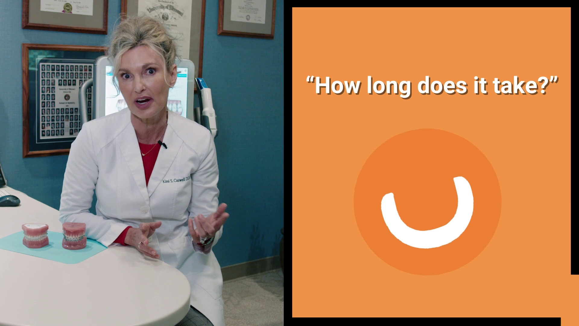 Video thumbnail/still showing a female dentist in a white lab coat labeled 'Kimi S. Caswell DDS' speaking at a desk with dental models, alongside an orange graphic panel reading 'How long does it take?' with a smile-icon logo.