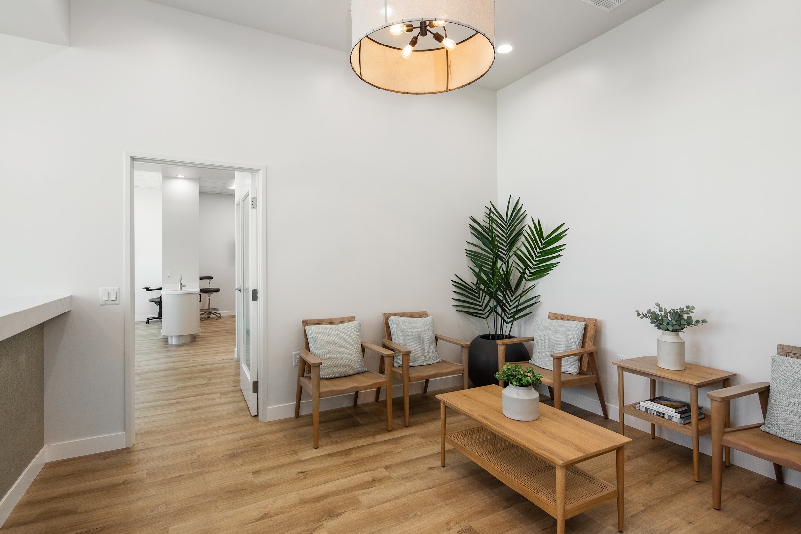 Bright, modern dental office waiting room with wooden chairs, cushioned pillows, a palm plant, coffee table, and a hallway leading to a treatment room visible in the background. Professional architectural photography with excellent lighting.